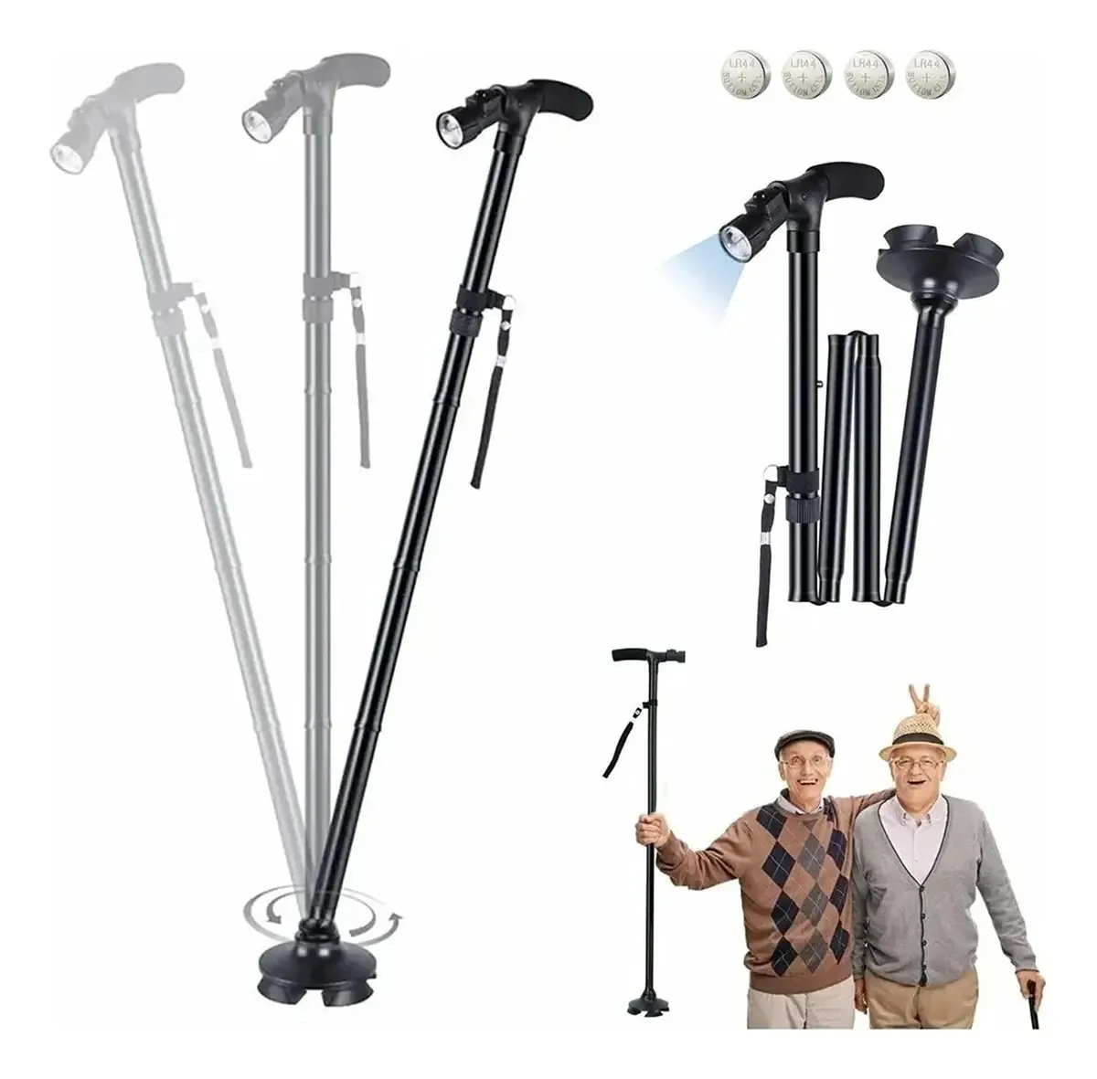 Stayoung Bastão Dobrável Portátil com Luz LED, Bastão de Caminhada para Homens e Mulheres, Bastão com 5 Alturas Ajustáveis, Bastão para Idosos com Alça Lateral, Dobrável e Portátil Preto
