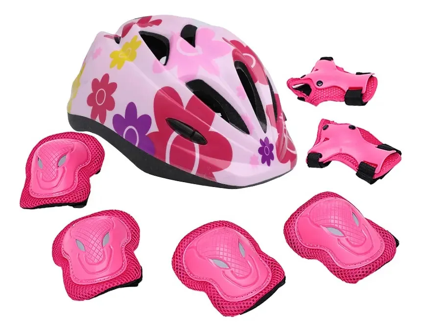 Capacete infantil à prova de choque e kit de proteção para esportes, cor rosa