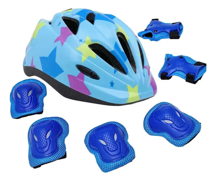 Capacete esportivo infantil à prova de choque e kit de proteção Color Celeste