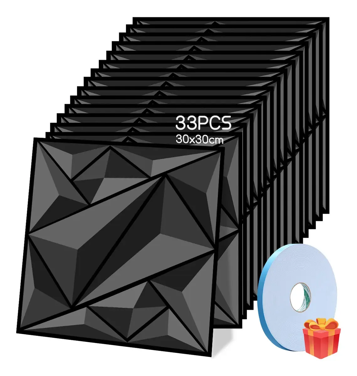 Painéis decorativos 3D Qianmu, 33 peças, decorativos para paredes, painéis decorativos 3D impermeáveis para casa, escritório, sala de estar, preto fosco de 30* 30 cm D512