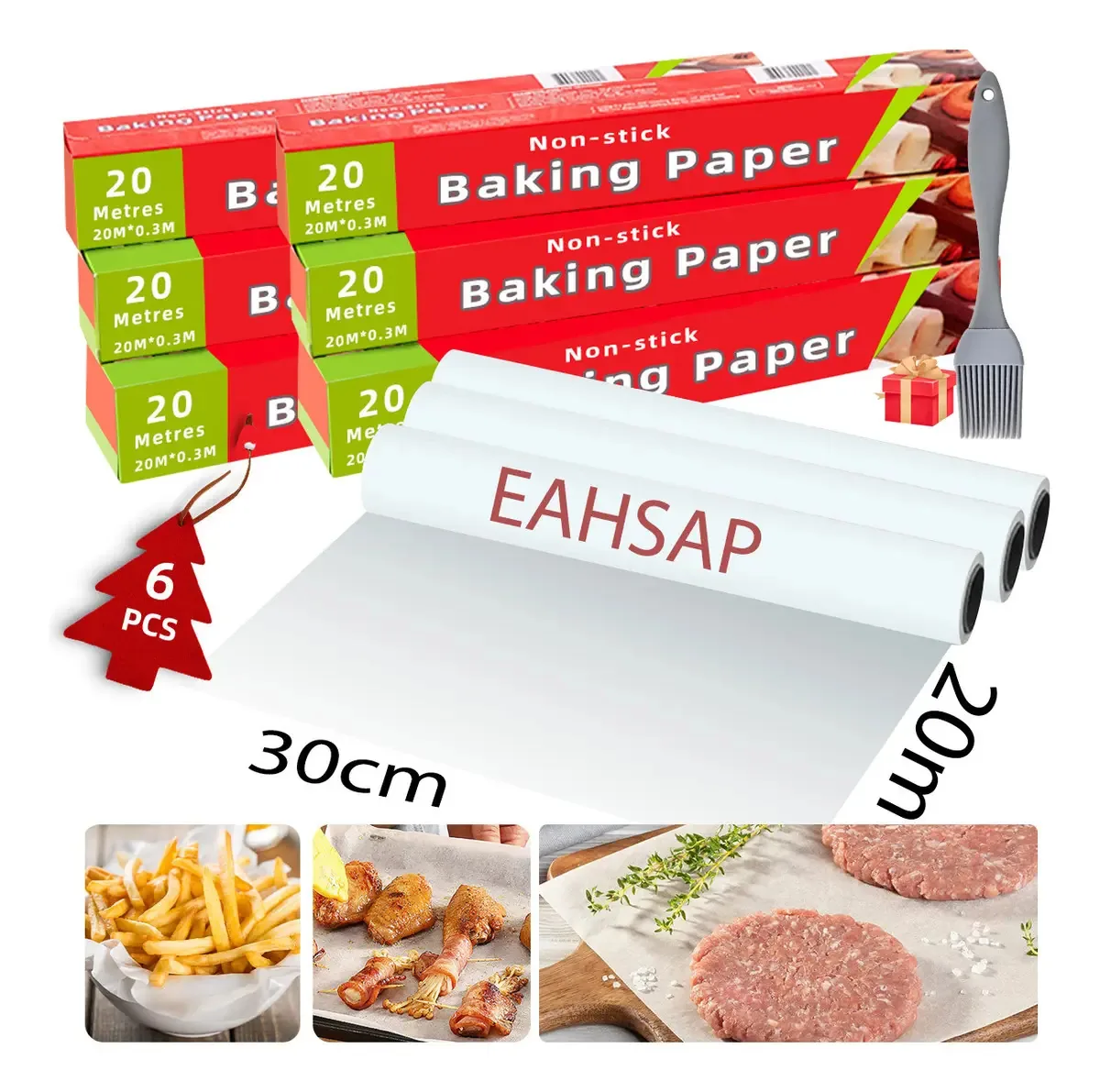 Papel vegetal de cozinha Eahsap de 6 rolos, papel manteiga, papel manteiga antiaderente e à prova de gordura, papel vegetal para churrasco, para vapor, pizza, forno