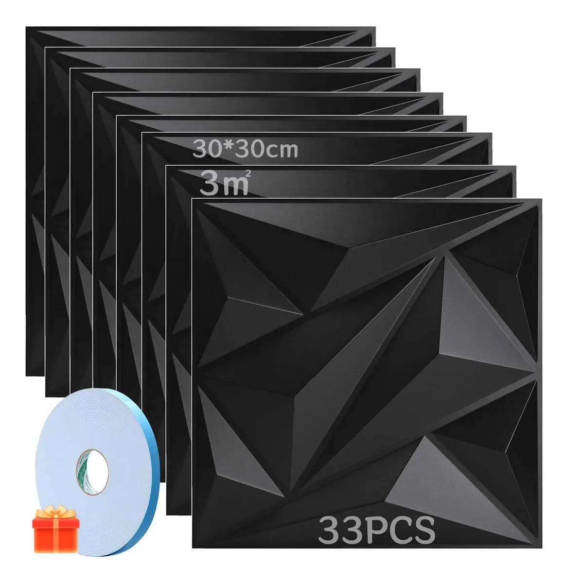 Painéis de parede 3D decorativos Qianmu®, ideais para decoração de paredes interiores em sala de estar, escritório e casa com fita dupla face de 50 m, 30 x 30 cm (preto, d137)
