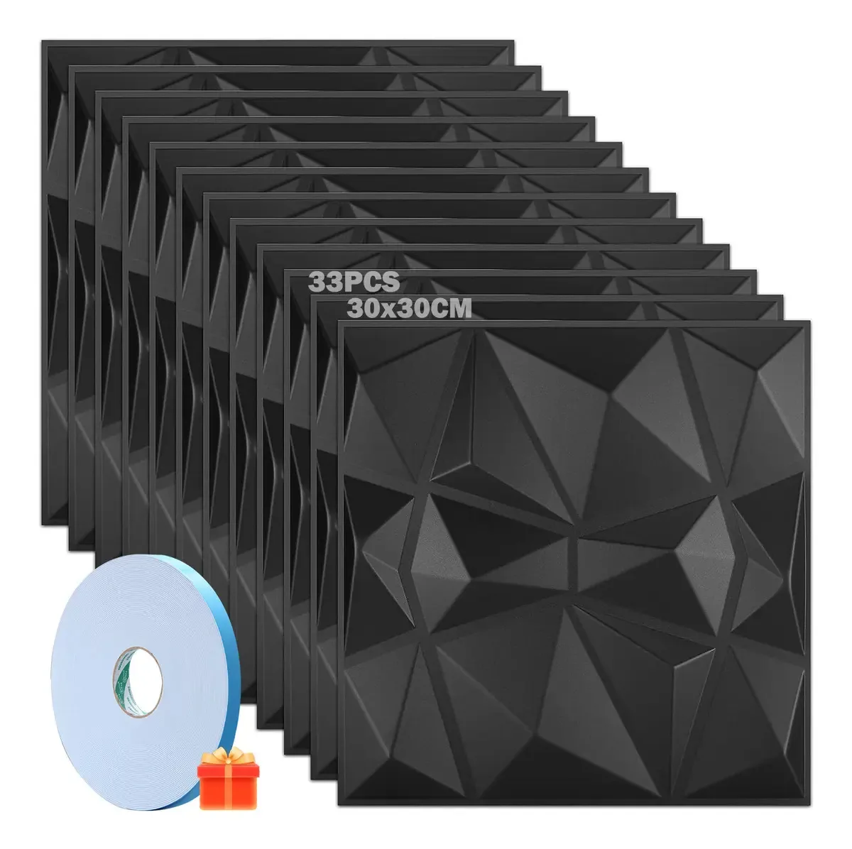 Painéis de parede 3D decorativos Qianmu®, ideais para decoração de paredes interiores em sala de estar, escritório e casa com fita dupla face de 50 m, 30 x 30 cm (preto, d094)