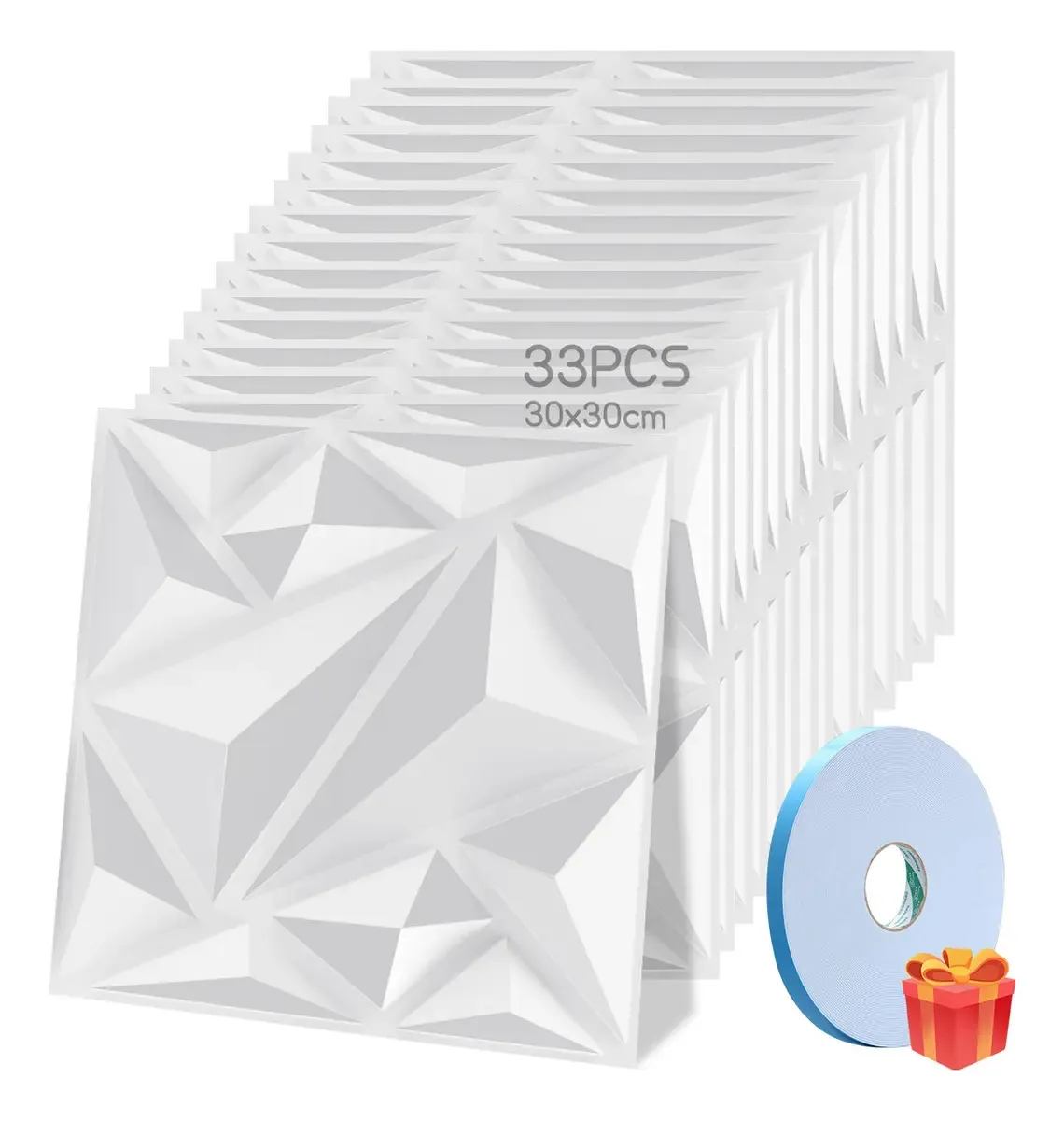 Painéis de parede 3D decorativos Qianmu, 33 peças, ideais para decoração de paredes interiores em sala de estar, escritório e casa com fita dupla face de 50 m, 30 x 30 cm (branco-d512)