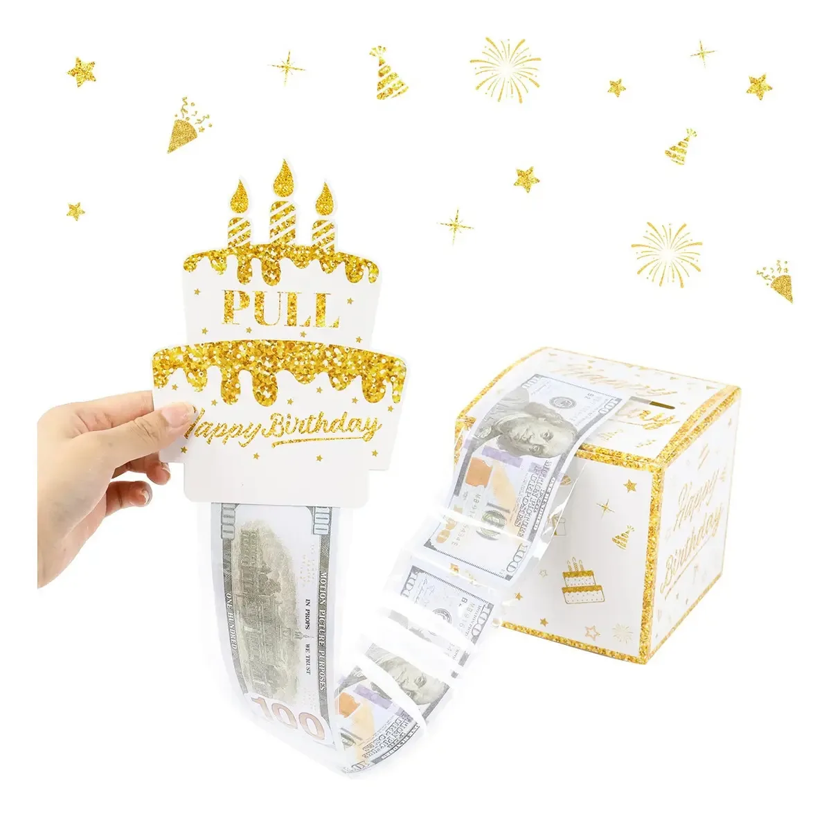 Caixas para surpresas, decoração de aniversário, cor dourada