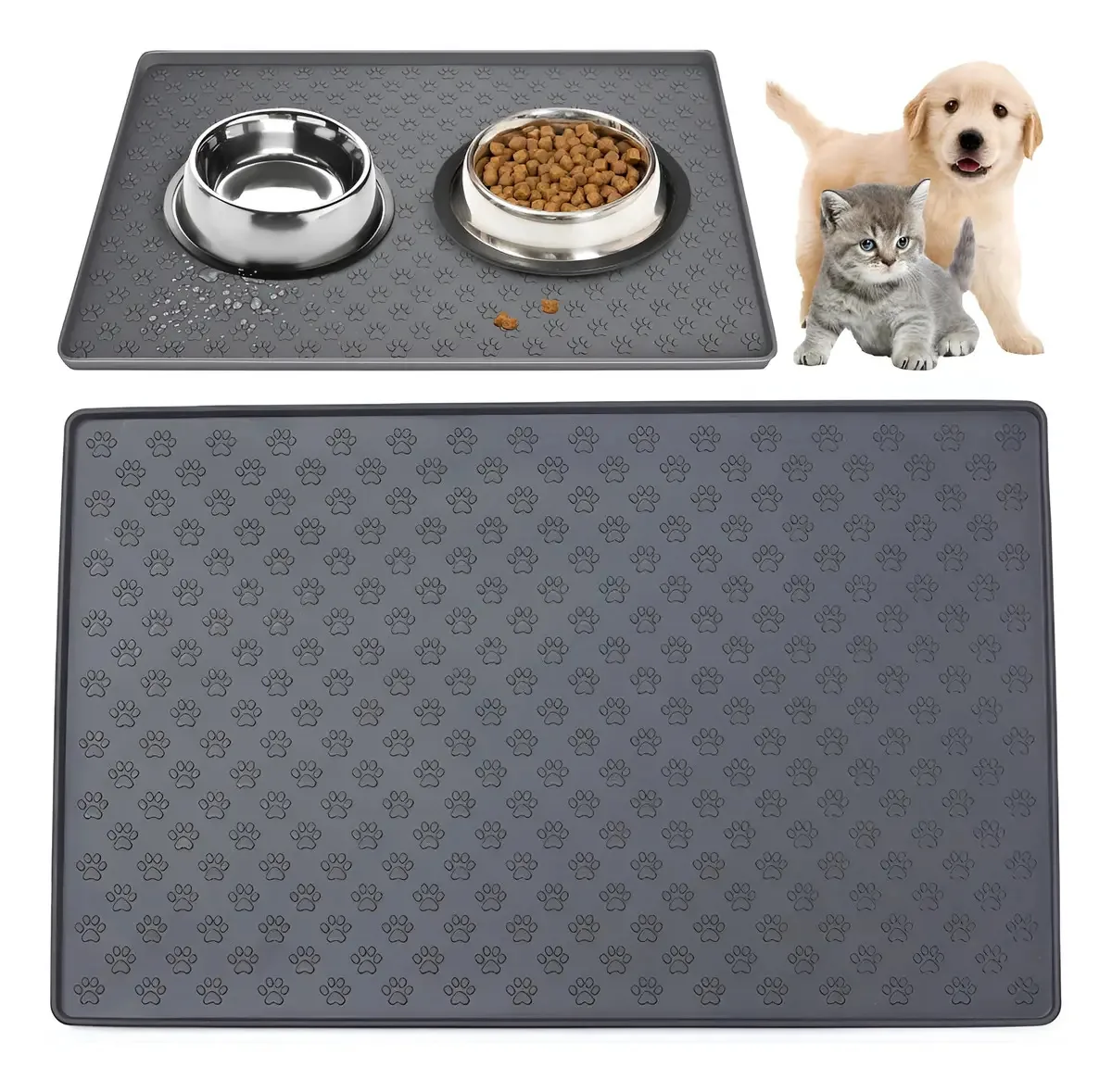 Tapete de comida para animais de estimação para tigelas de silicone 48 x 30 cm, cor cinza, bolinhas