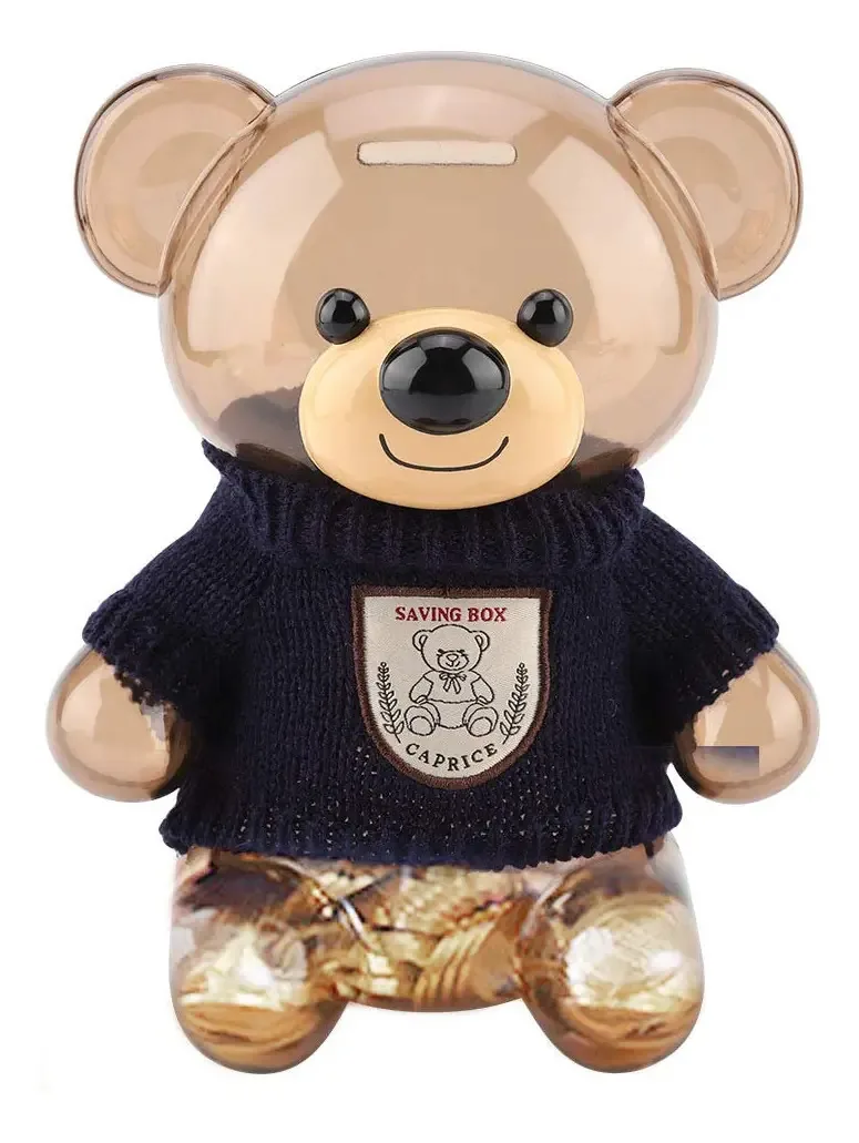 Cofrinho infantil, caixa de dinheiro transparente, urso azul