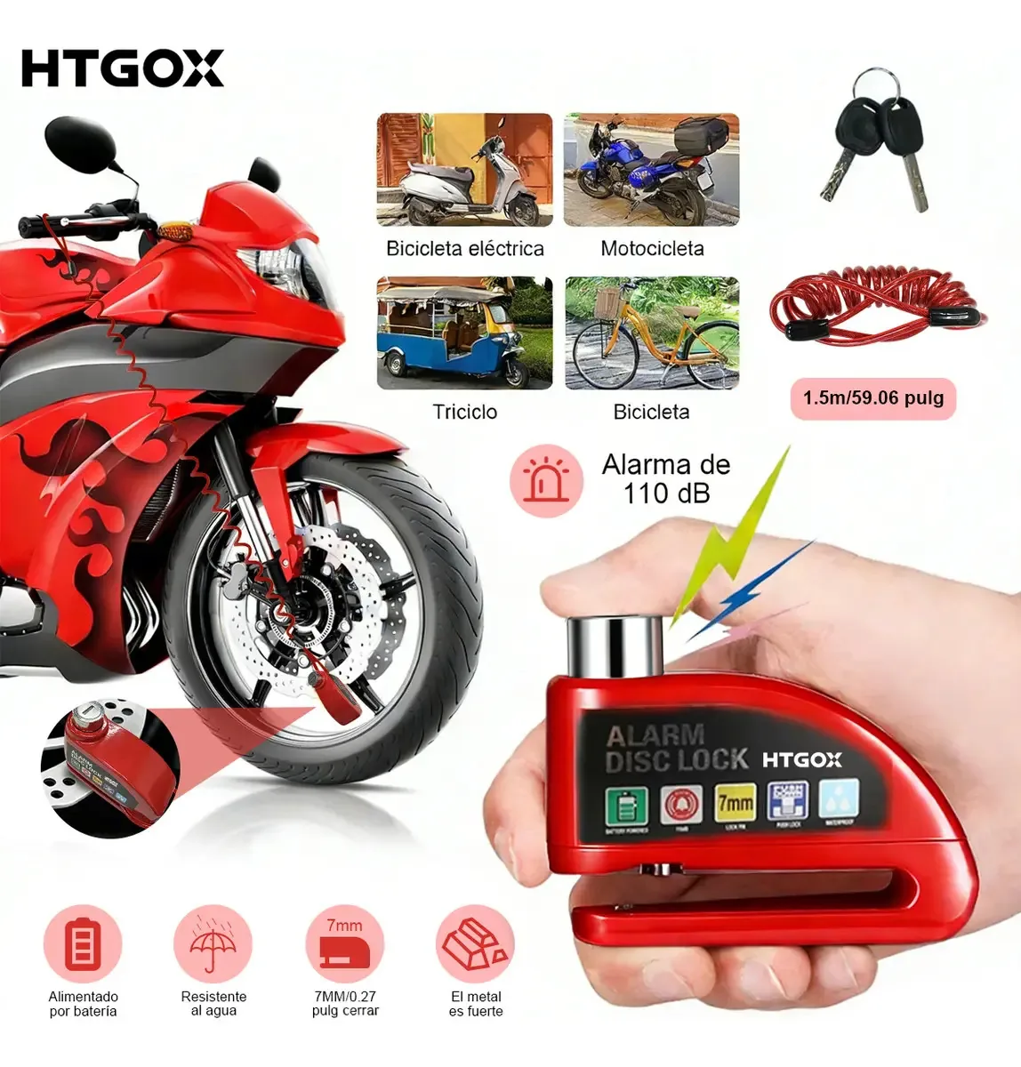 Alarme de cadeado de disco de motocicleta Htgox 110db à prova d'água Ip68 com segurança e antifurto, 2 chaves e pacote, corda e fechadura para motocicletas, veículos elétricos, bicicletas e...