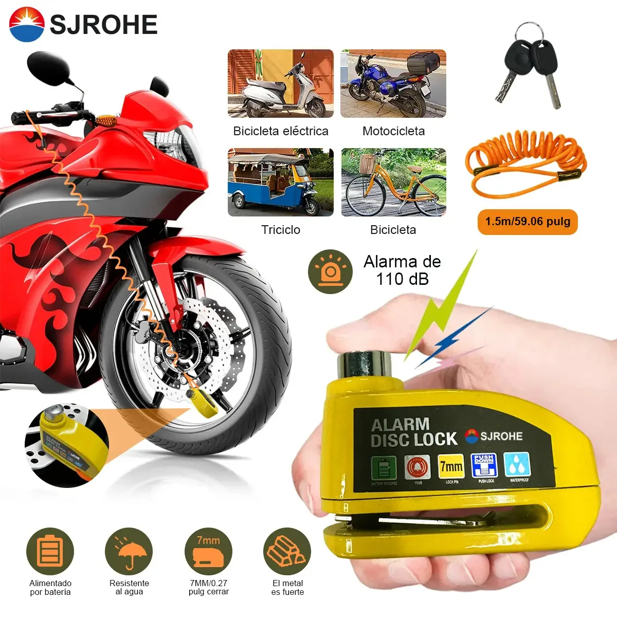 Alarme de cadeado de disco de motocicleta Sjrohe 110db à prova d'água Ip68 com segurança e antifurto, 2 chaves e pacote, corda e fechadura para motocicletas, veículos elétricos, bicicletas e...