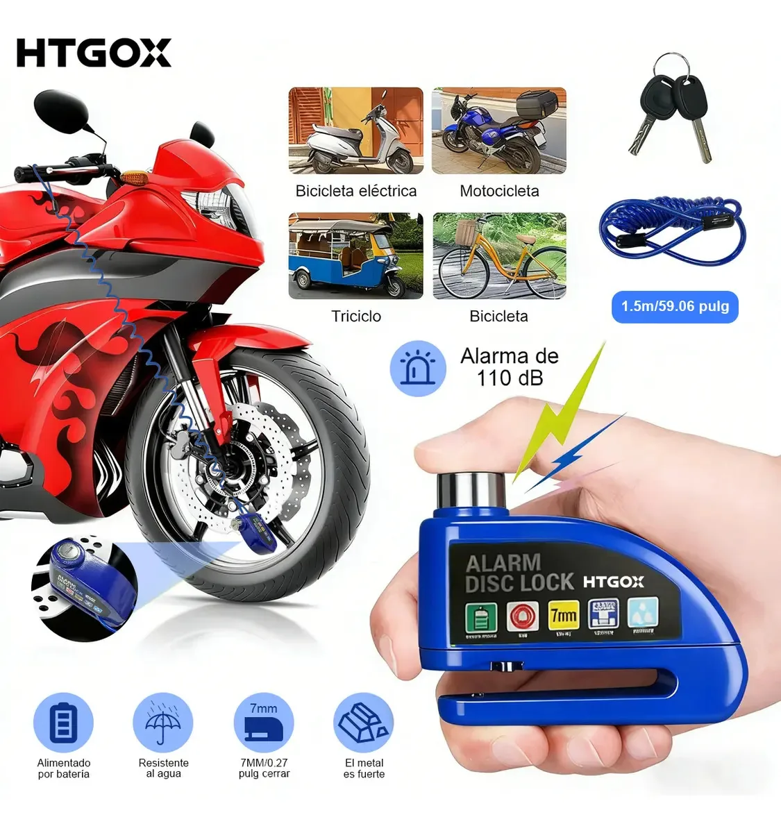 Alarme de cadeado de disco de motocicleta Htgox 110db à prova d'água Ip68 com segurança e anti-roubo, 2 chaves e pacote, corda e fechadura para motocicleta, veículo elétrico, bicicleta e triciclo,...