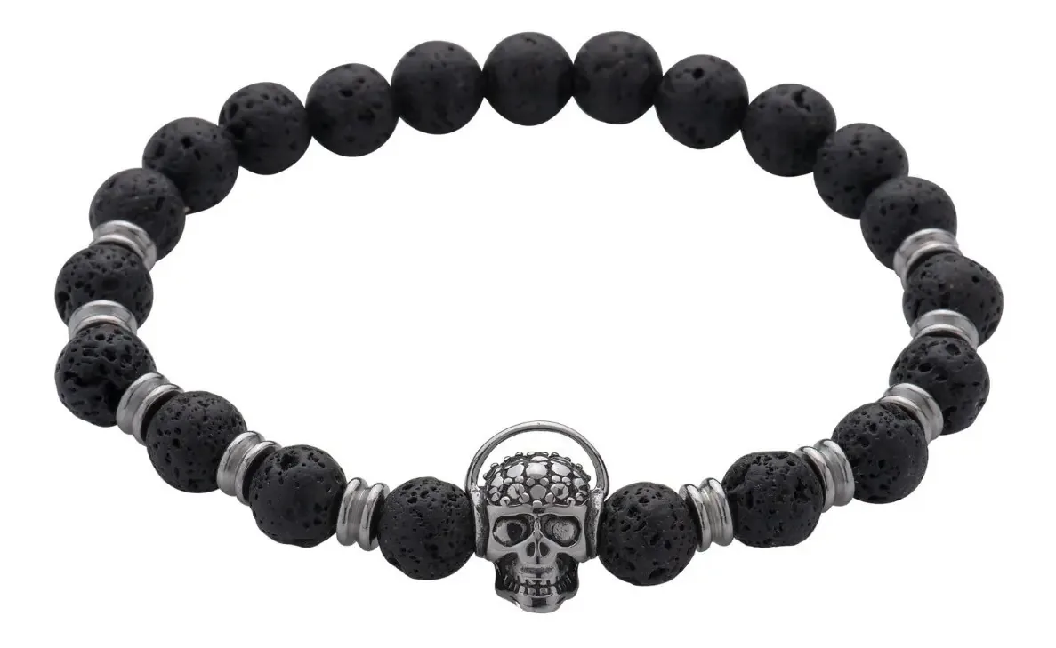 Pulseiras Masculinas de Pedras em Aço Inoxidável, Braceletes Luckman Cor Caveira Prata e Preto