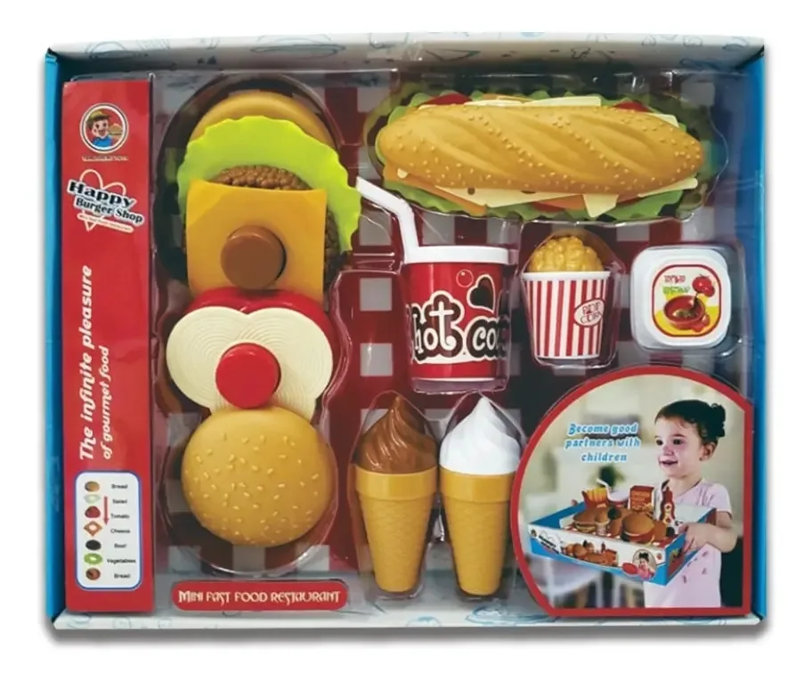 Conjunto de comida de brinquedo de hambúrguer com sorvete de 18 peças