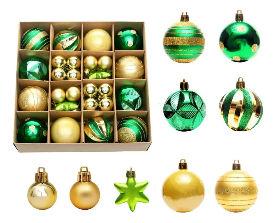 42 esferas de Natal de 6 cm, decoração de Natal, enfeites de árvore de plástico, dourados e verdes