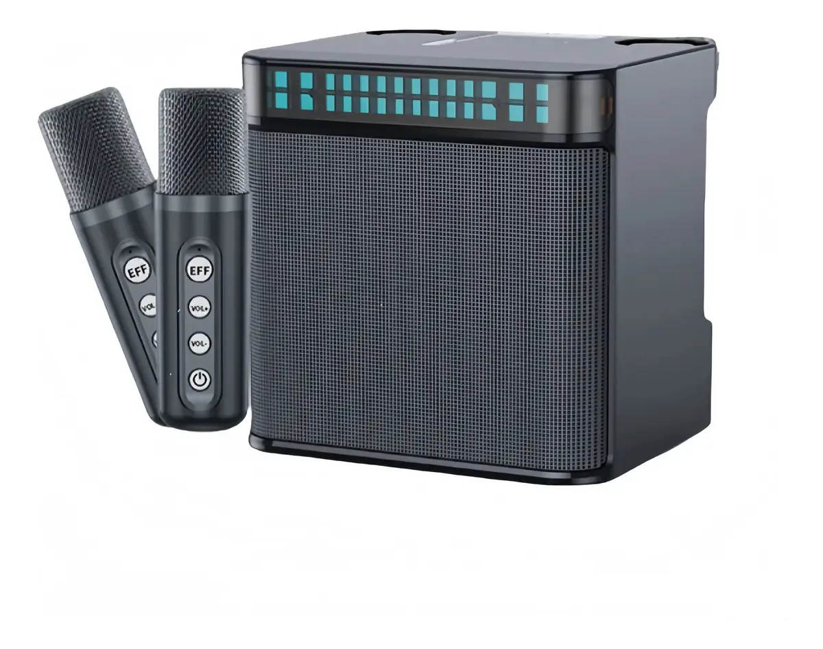 Alto-falante Bluetooth portátil com microfones para karaokê preto