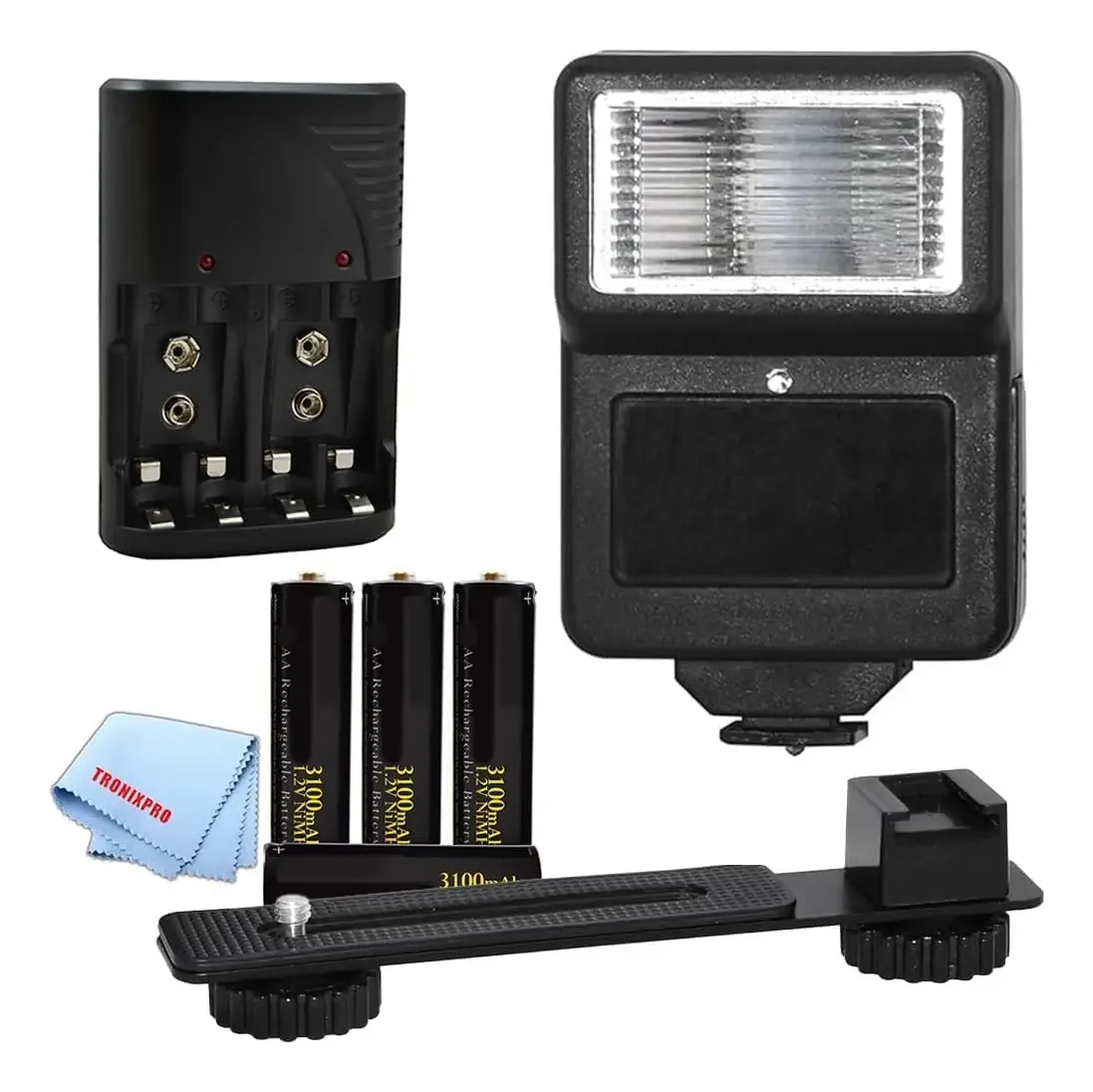 Flash de câmera digital, suporte e 4 pilhas AA e carregador para câmeras e filmadoras Fuji, Samsung, Leica, Panasonic, Kodac e mais