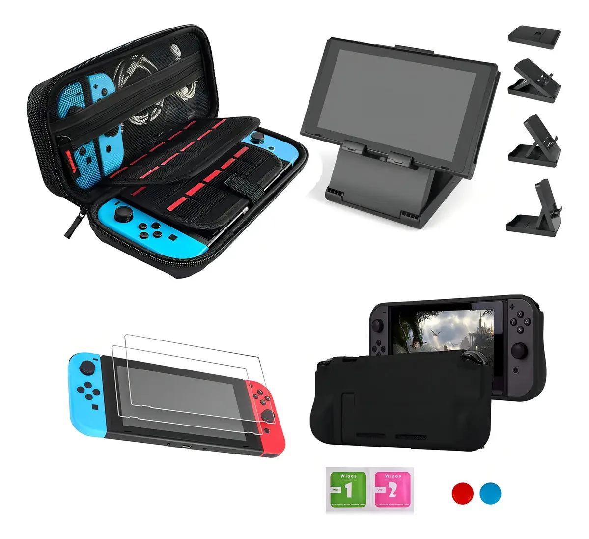 Lolo Funda Para Nintendo Switch ,7 En 1 Kit De Accesorios Para Nintendo Switch , 3x Protector De Pantalla Para Nintendo Switch + Estuche De Silicona Negra Para Nintendo Switch+ Base Soporte