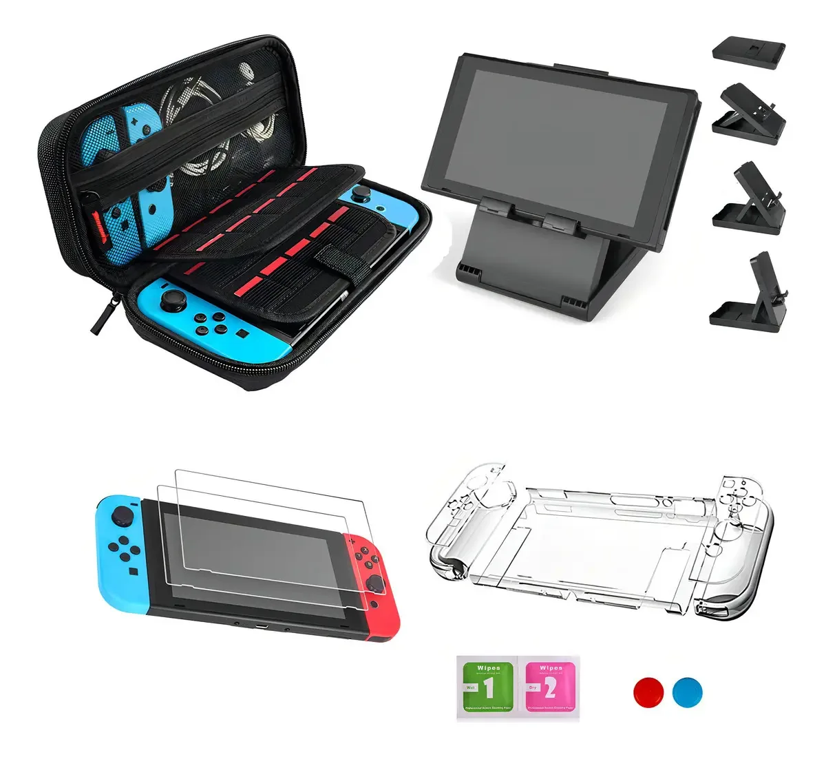 Capa Para Nintendo Switch, Acessórios 9 Em 1 Estojo Para Nintendo Switch, 2x Película Para Nintendo Switch + Case Transparente + Suporte Ajustável + 1 Par De Protetores De Placas De Controle