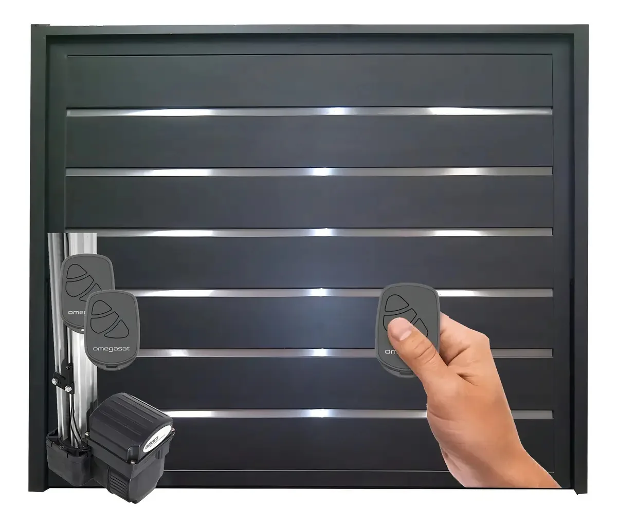 Portões de arrasto de 2,55 x 2,05 com motor e 2 controles cinza escuro