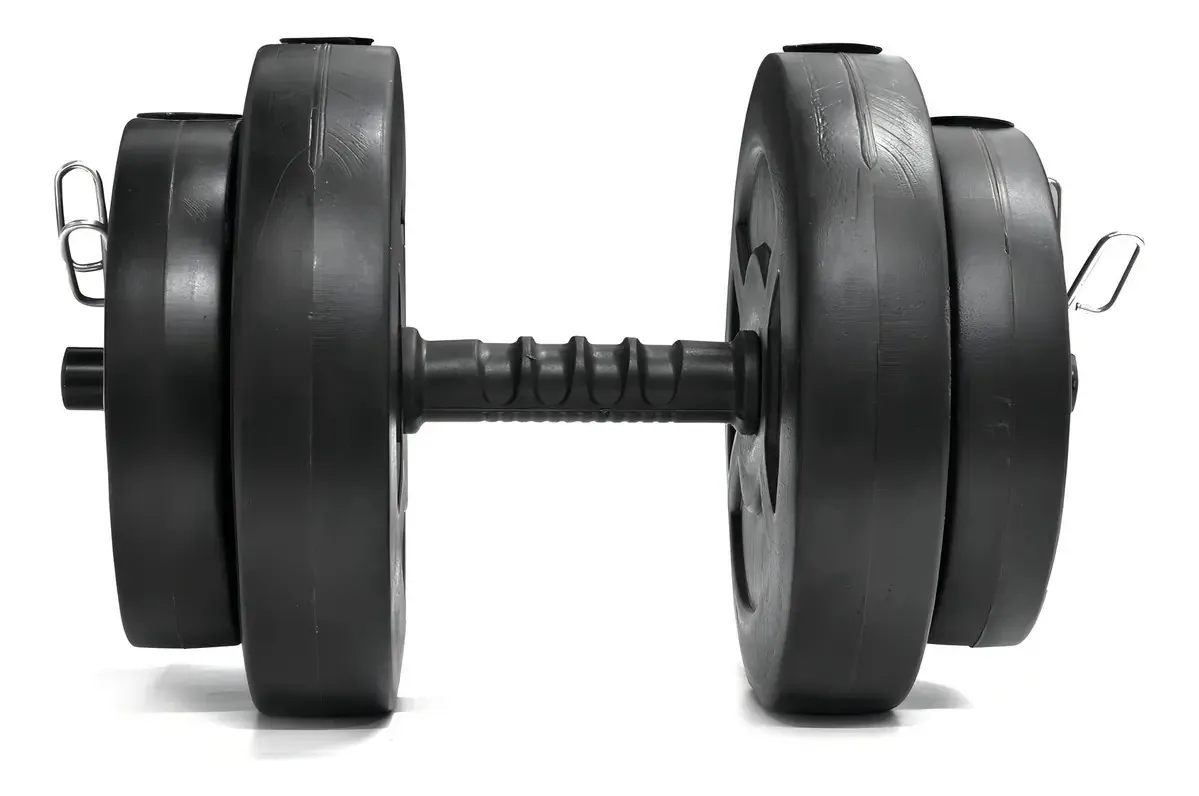 Fabricantes de halteres com pára-choques + 15 kg de discos. Cor Preto