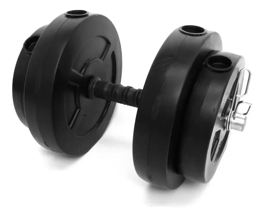 Halter semissólido com pára-choques + 15 kg de discos e pesos. Cor: Preto