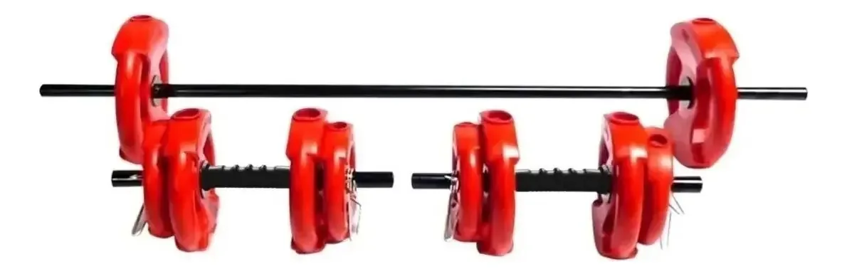 Conjunto de halteres + barra + 24 kg de discos com alças Sonnos Color Red