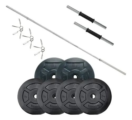 Conjunto de musculação Sonnos: barra, halteres e 40 kg de anilhas, preto.