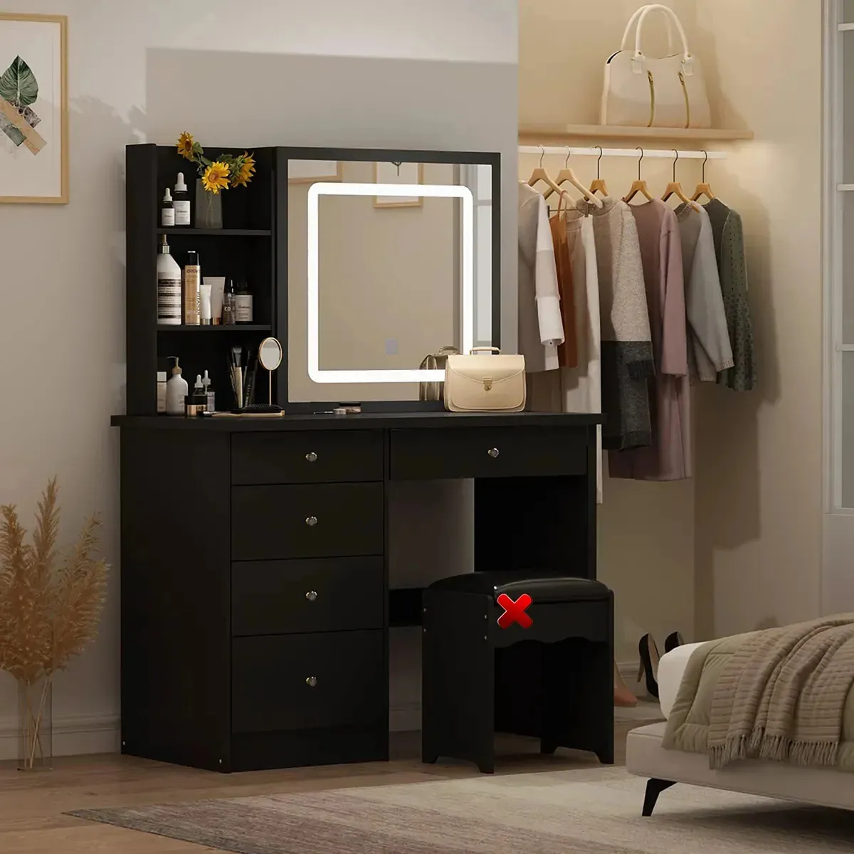 Vaidade com espelho de maquiagem, luzes LED embutidas e 5 gavetas, mobília de quarto multifuncional para organização e estilo