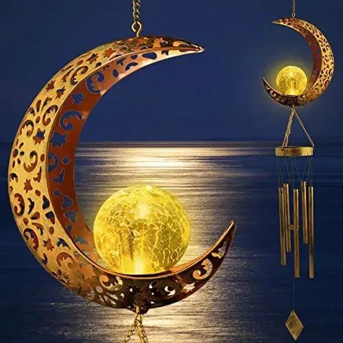 Bola de vidro rachado em forma de lua de Jobosi e sinos de vento solar, decoração lunar para atividades ao ar livre e ao ar livre, jardinagem, aniversário para mamãe,