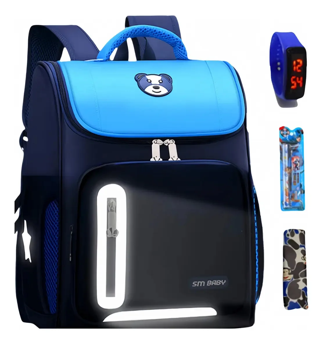 Mochila escolar infantil Mochila impermeável de grande capacidade com faixas refletivas para crianças em idade pré-escolar/estudantil, mochila escolar, cor azul celeste, design de tecido liso de 25 L