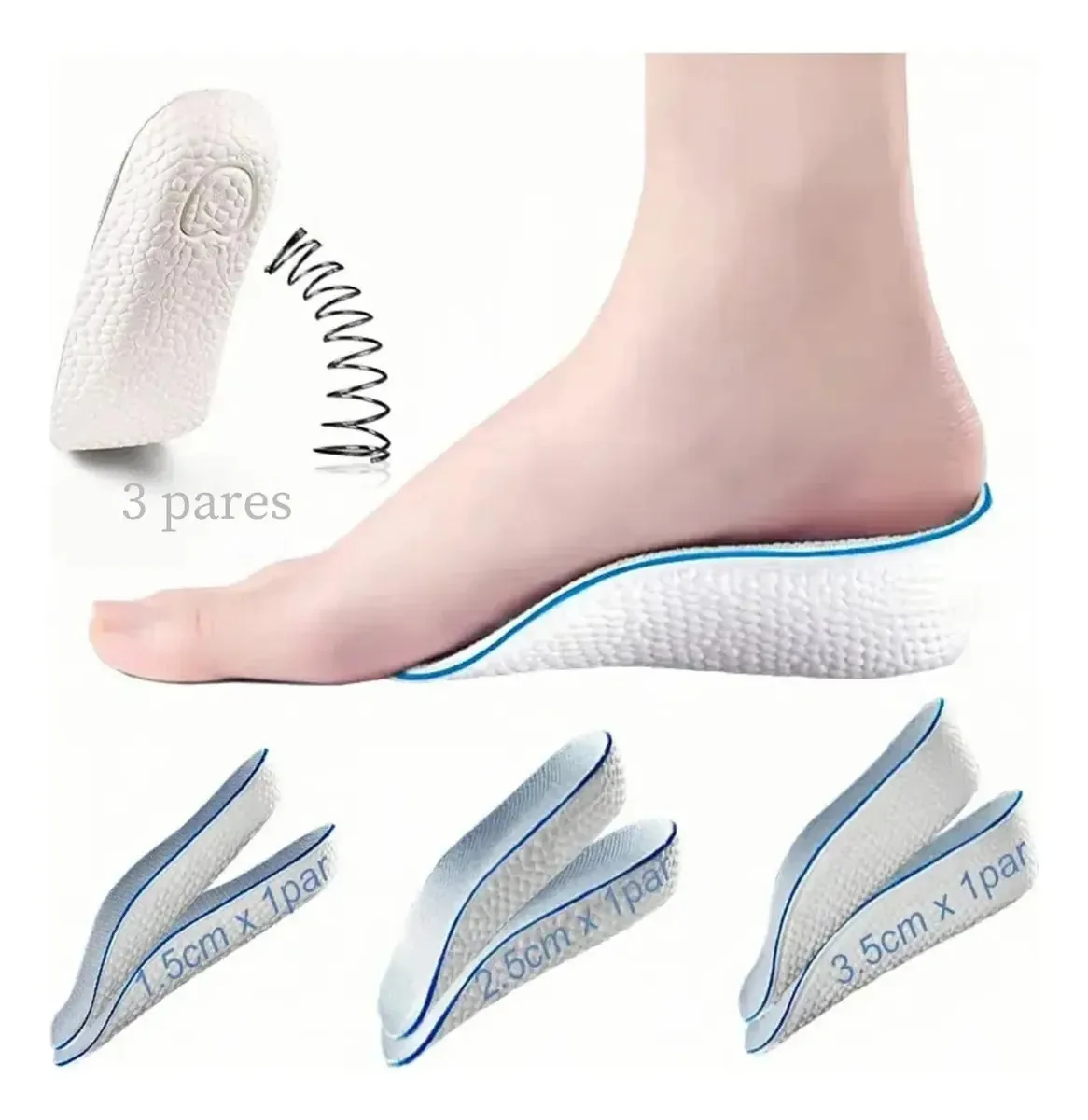 3 pares de palmilhas elevatórias, alturas de 1,5 cm, 2,5 cm, palmilhas de 3,5 cm para aumentar a altura, palmilhas de 10 cm para aumentar a altura, palmilhas ortopédicas para pés ocos
