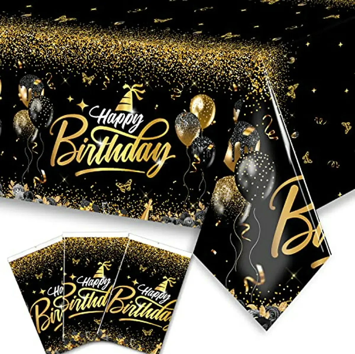 3 peças de toalhas de mesa descartáveis preto-douradas para aniversário