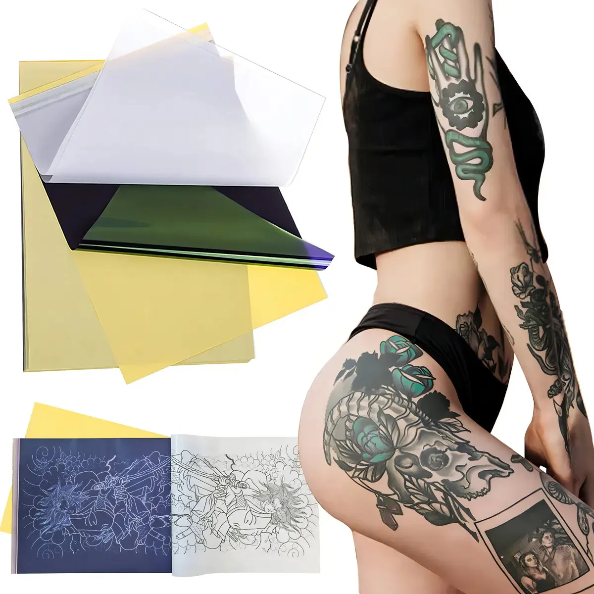 Estêncil de tatuagem profissional Tuomo, 100 peças, papel de transferência à prova d'água, de alta definição para tatuador+papel de tatuagem personalizado com desenhos precisos, 4 camadas, 8,5 x 11...