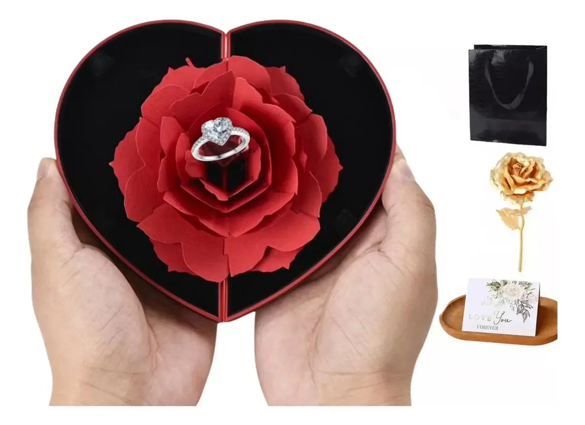 Conjunto de anéis ajustáveis femininos com caixa vermelha