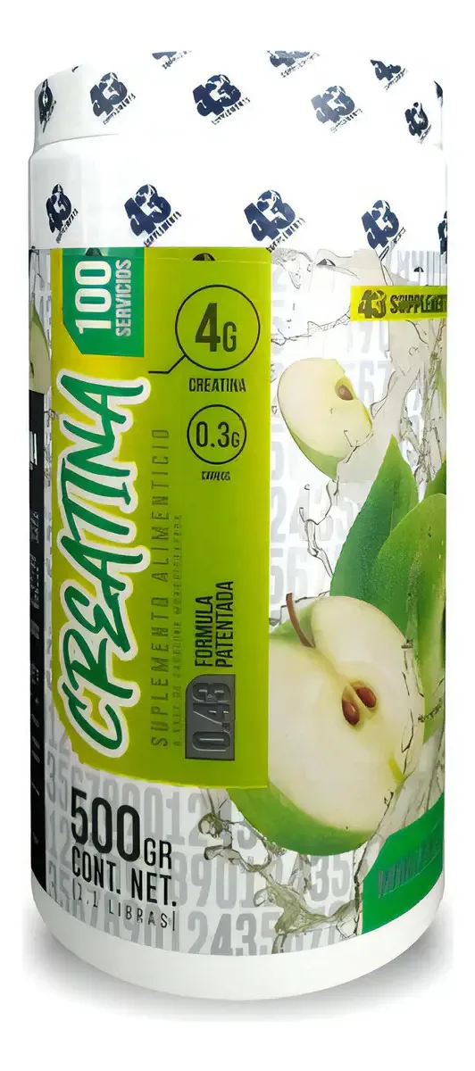Creatina 500 g, sabor maçã verde, 100 doses, 43 suplementos