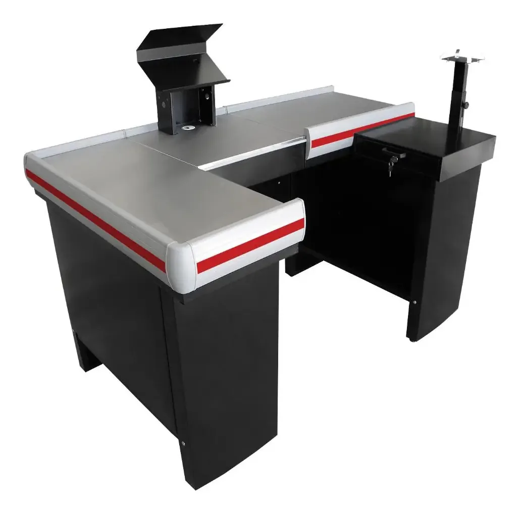Checkout De 1,50m Mesa Reta Com Furação Para Balança Innal Cor Preto Perfil Vermelho