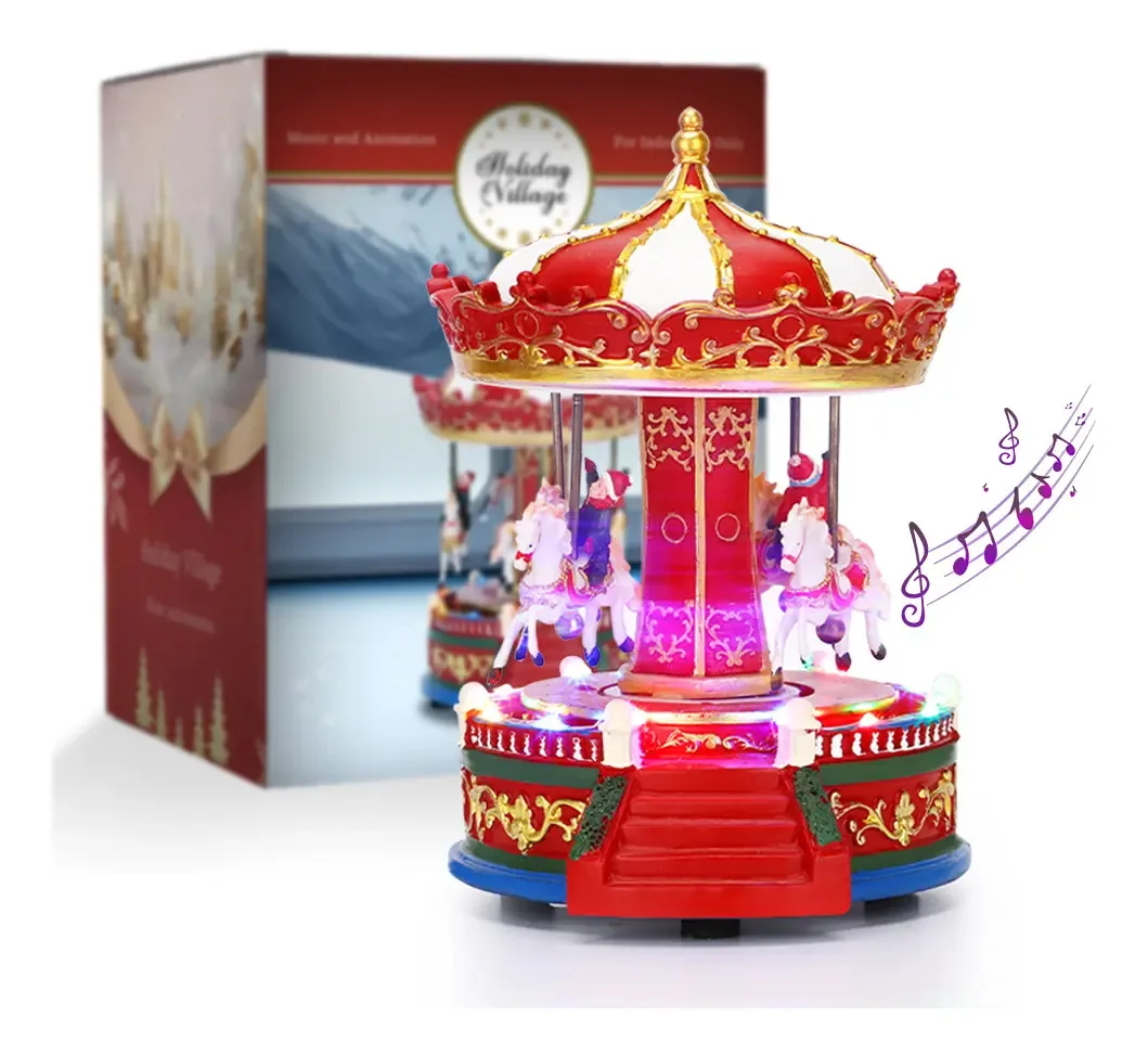 Caixa de música Carousel Christmas Village CM-Top com luzes LED, presente de Natal, enfeites de decoração de casa