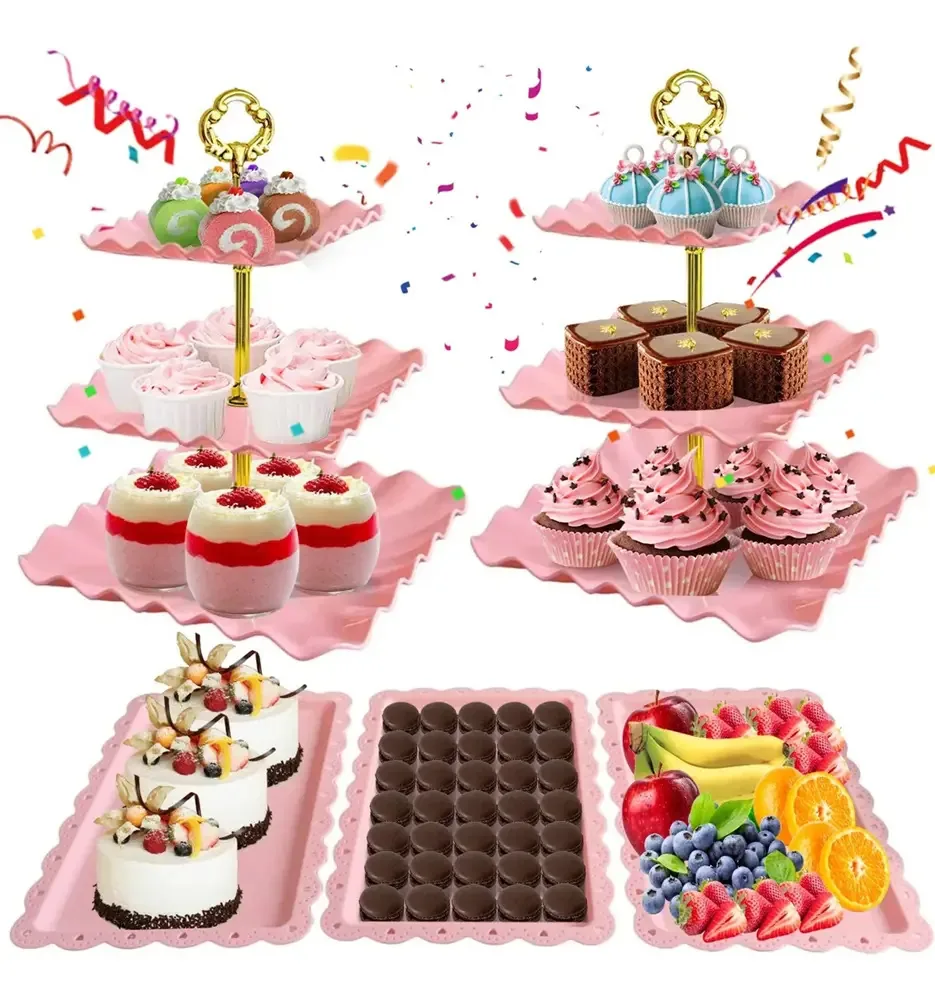 Mesa de doces Exhibidore com base para sobremesas e cupcakes, kit rosa de 5 peças