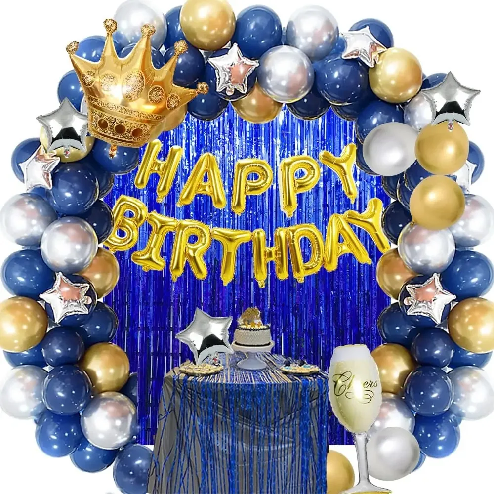 Balões azuis e dourados, decorações de aniversário, estrelas masculinas