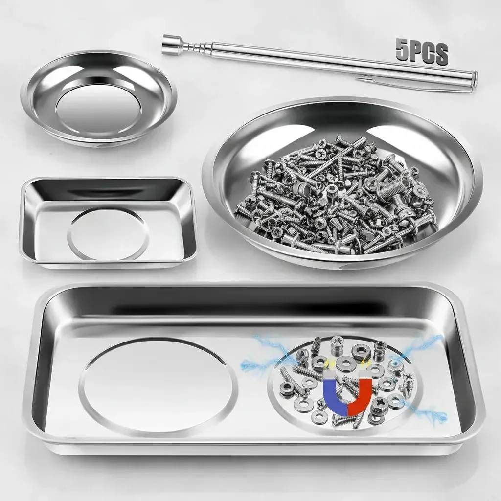 Conjunto de bandejas magnéticas Eahsap de 5 peças, suporte de placa de aço inoxidável, para parafusos, porcas, parafusos, peças pequenas, placa magnética retangular redonda de peças
