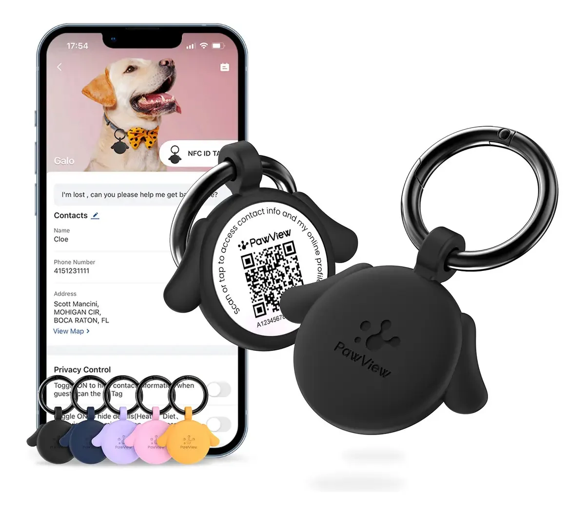 Pawview Plaquinha Pet Cães Identificacao Rastreador C/ Nfc Qrcode Digitalize O Código Qr P/ Obter Um Alerta Localização Instantâneo, Contato Emergência E Perfil Modificável Do Animal Estimação Preto
