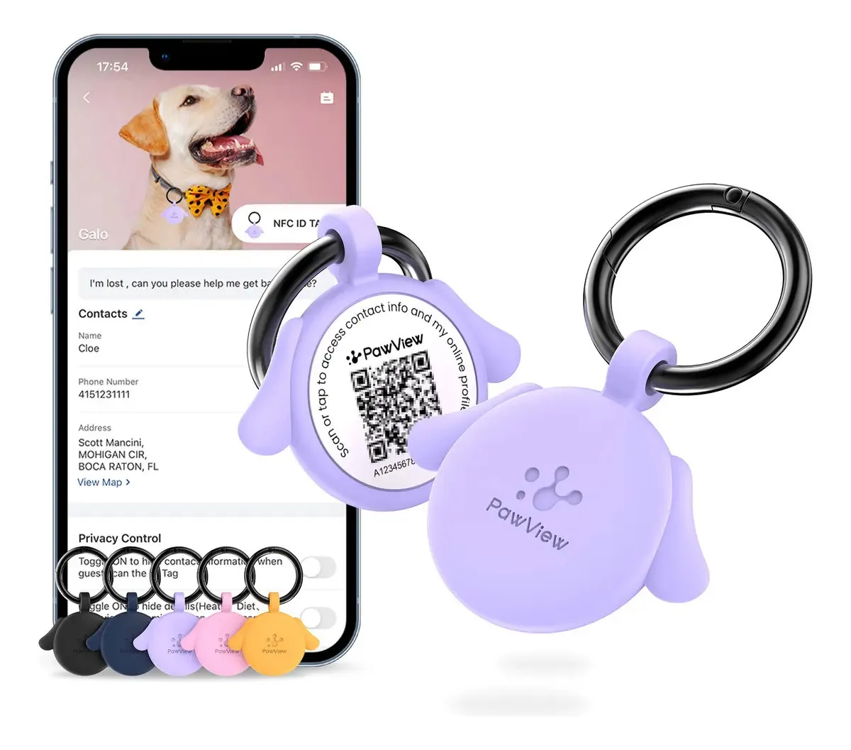 Placa de Identificação PawView para Cães e Gatos com QR Code e NFC, em Silicone Lilás