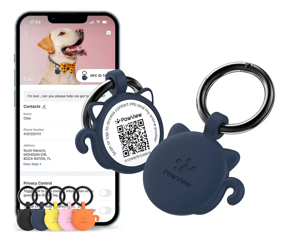 Placa de Identificação PawView para Pet c/ QR Code e NFC – Localização e Perfil Digital, Azul