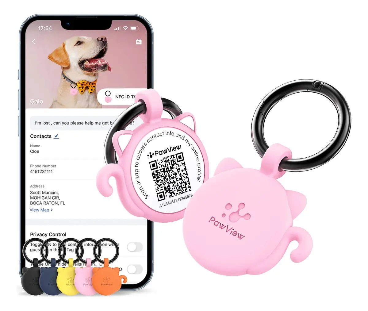 Placa de Identificação para Pet PawView Gato Rosa com Código QR e NFC - Rastreador Digital