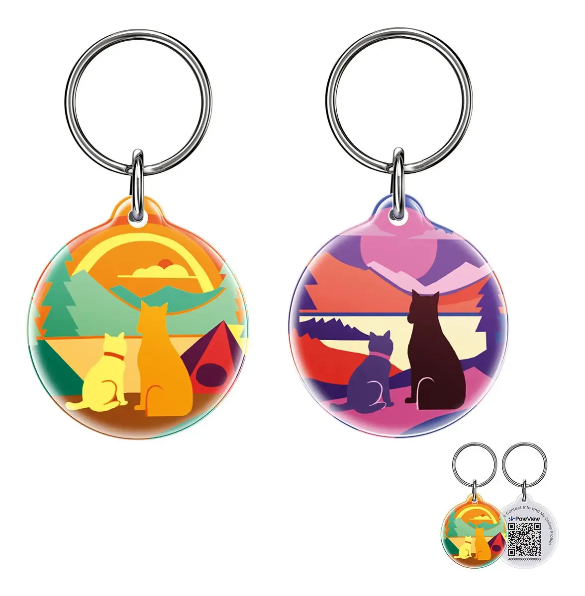 Pack Placas de Identificação Redondas PawView com QR, para Gato e Cachorro, Laranja e Roxo