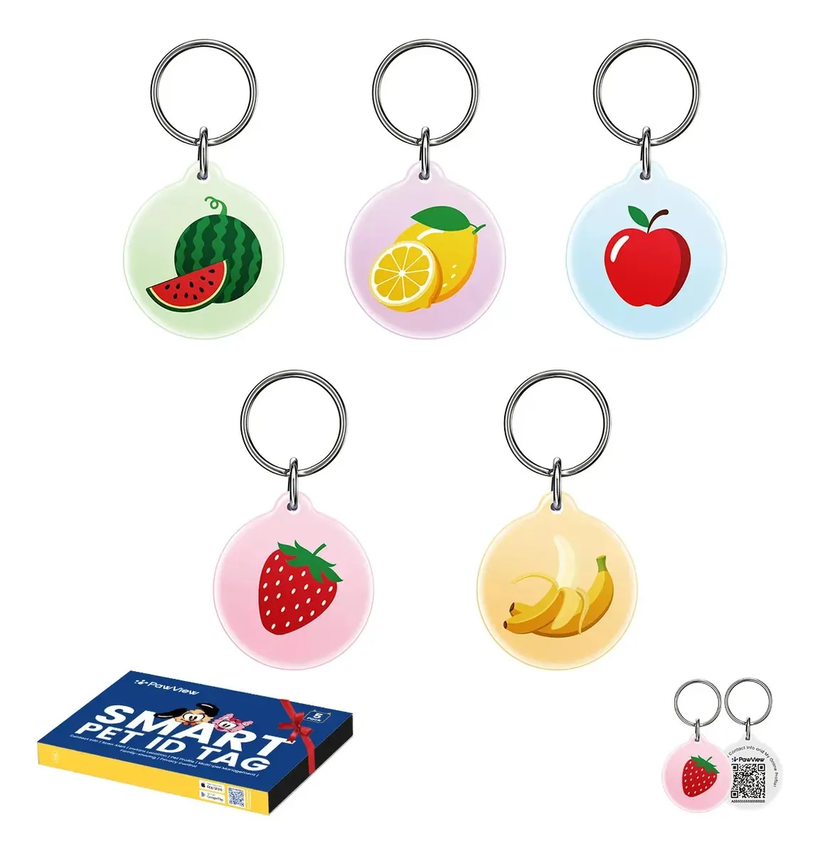 Placa de Identificação Inteligente com QR Code para Cães e Gatos, 5 Peças de Frutas Vermelhas