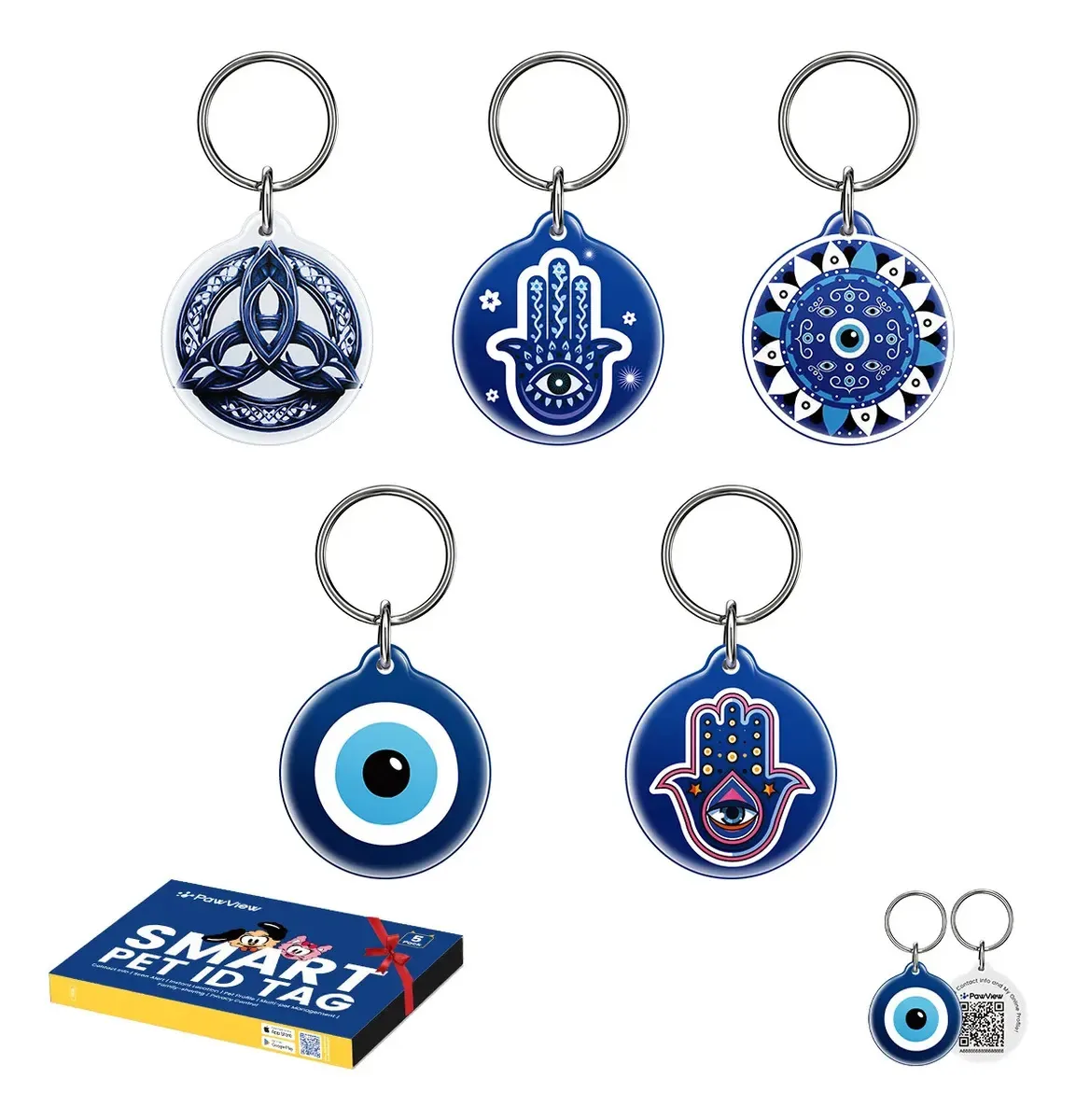 5 Placas de Identificação PawView para Pet com QR Code, Redondas em Resina Epóxi Azul-Marinho