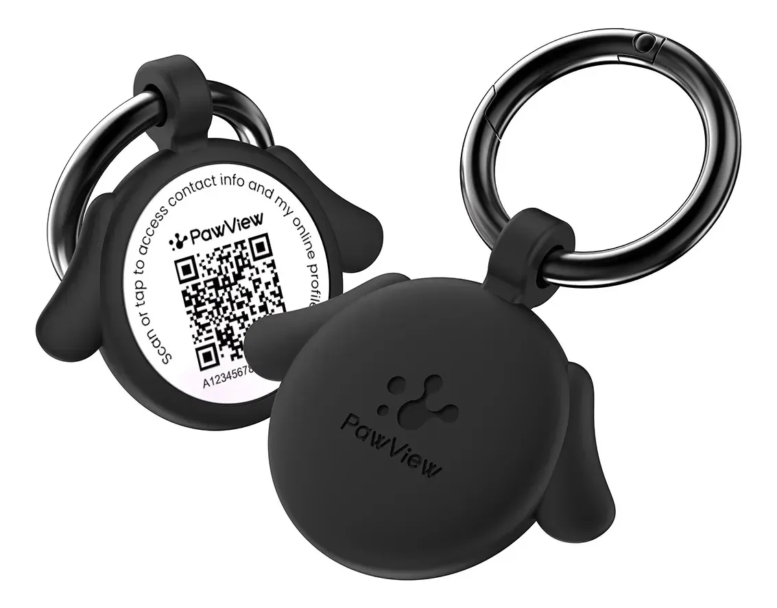 Placa de Identificação PawView para Cães com QR Code e NFC – Anti-Perda e Silicone Preto