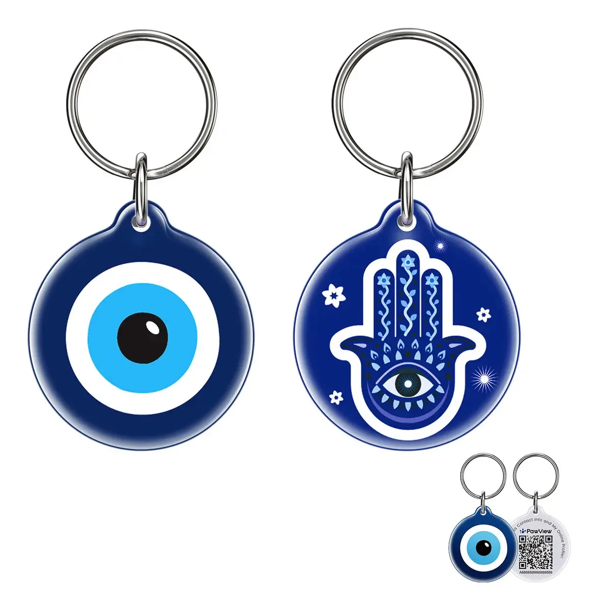 Placa de Identificação para Cães e Gatos PawView Redonda com QR Code Digital – Azul-Marinho (2 Unidades)