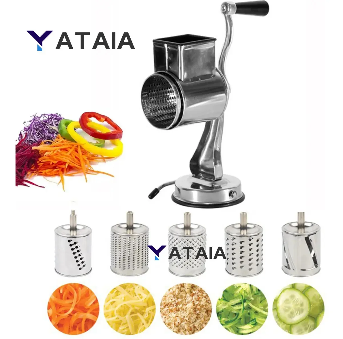 Ralador de queijo Yataia com base de sucção e kit de 5 tambores Utensílios de cozinha Utensílios de cozinha Utensílios de cozinha multifuncionais