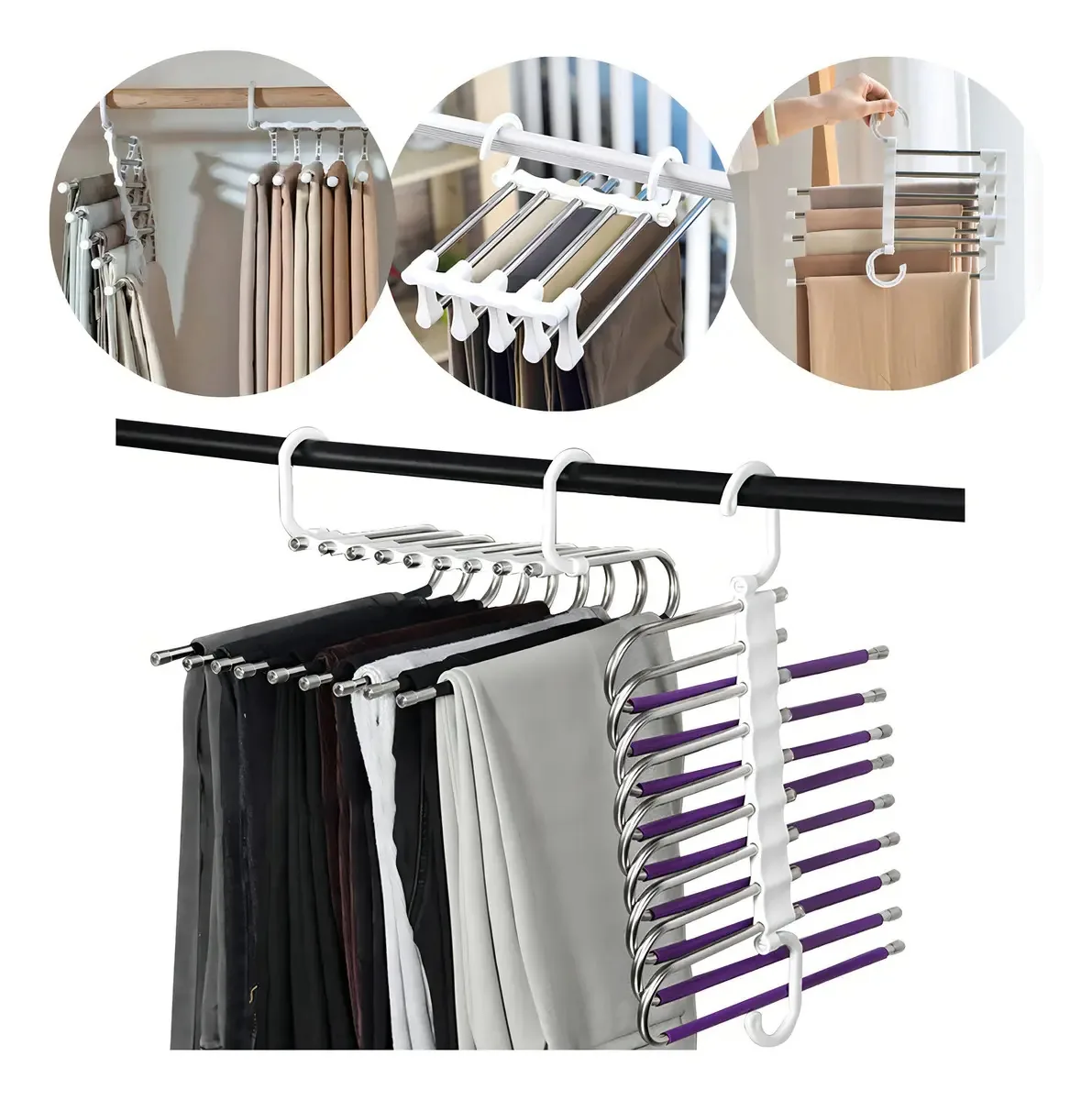 Cabide H2 Calças Inox Retrátil 5 Divisórias Branco